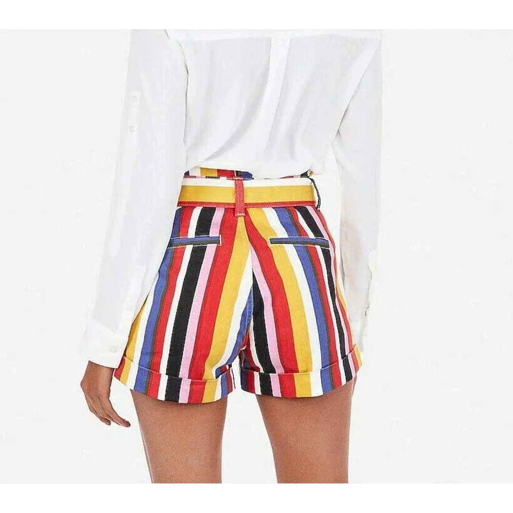 Express‎ Multicolor Striped Tie Waist Extreme High Rise Shortie Shorts Size 4 - Picture 11 of 11